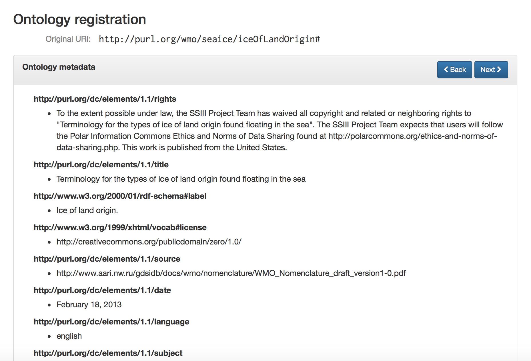 Ontology registration metadata