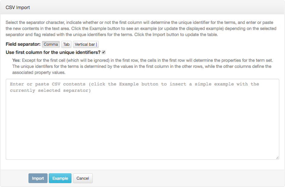 Vocabulary import CSV content dialog